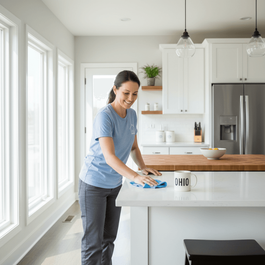 Professional cleaner wiping a kitchen counter in a bright modern home