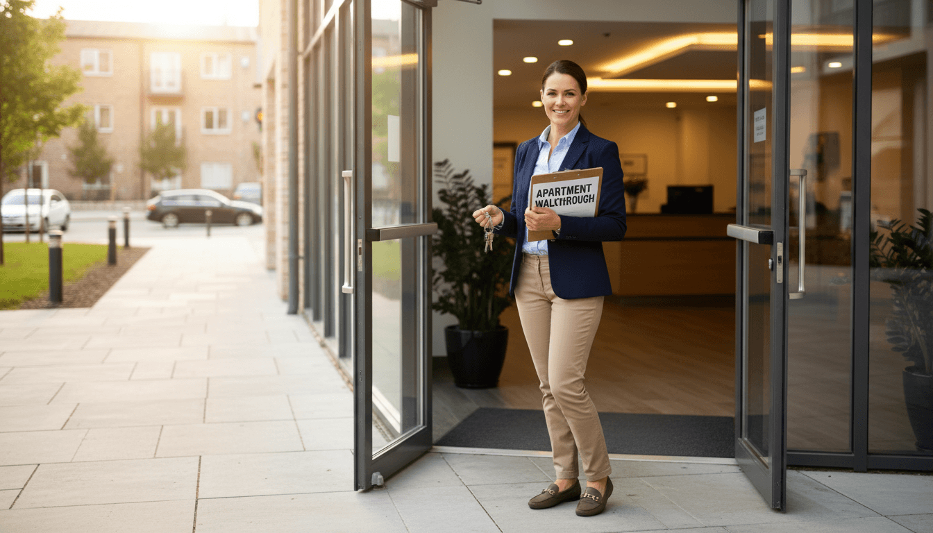 Property manager at apartment entrance