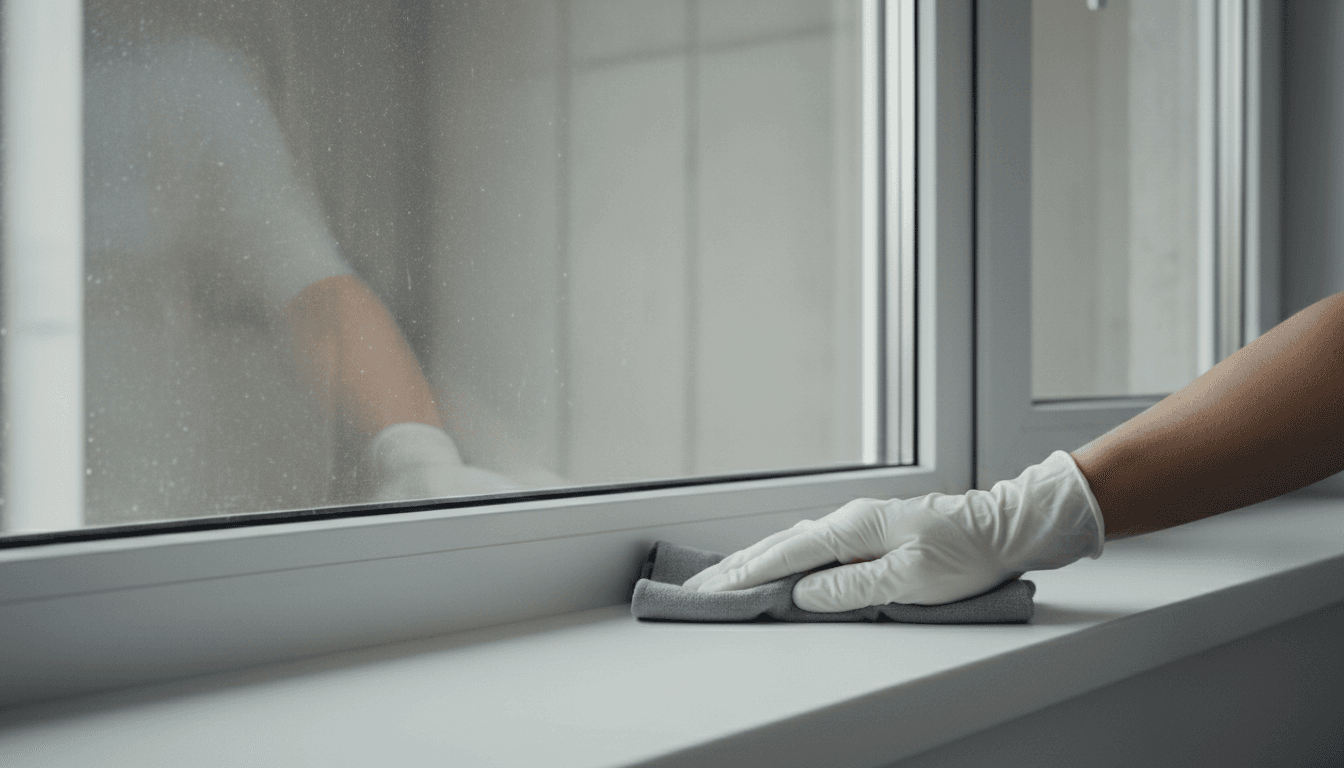 Gloved hand wiping a new window sill during final cleaning