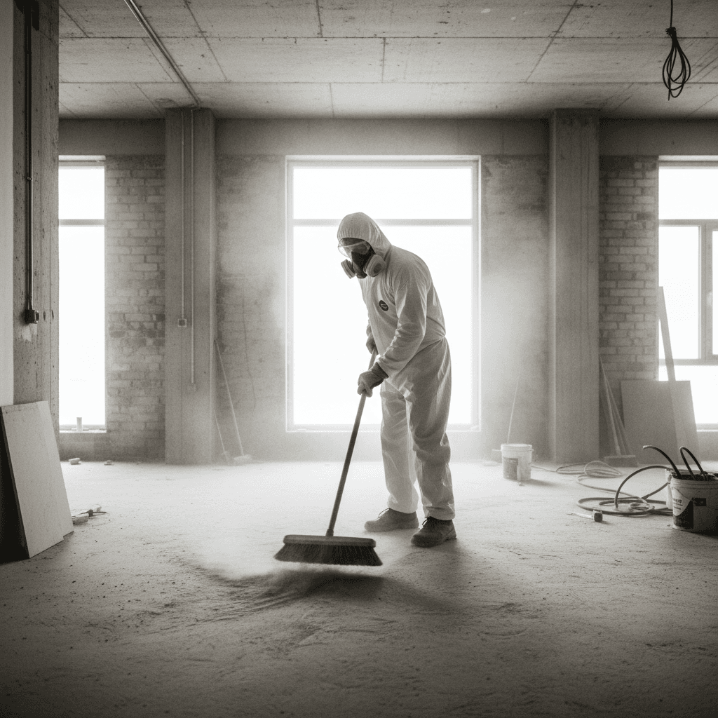 Cleaner removing construction dust from a newly renovated room