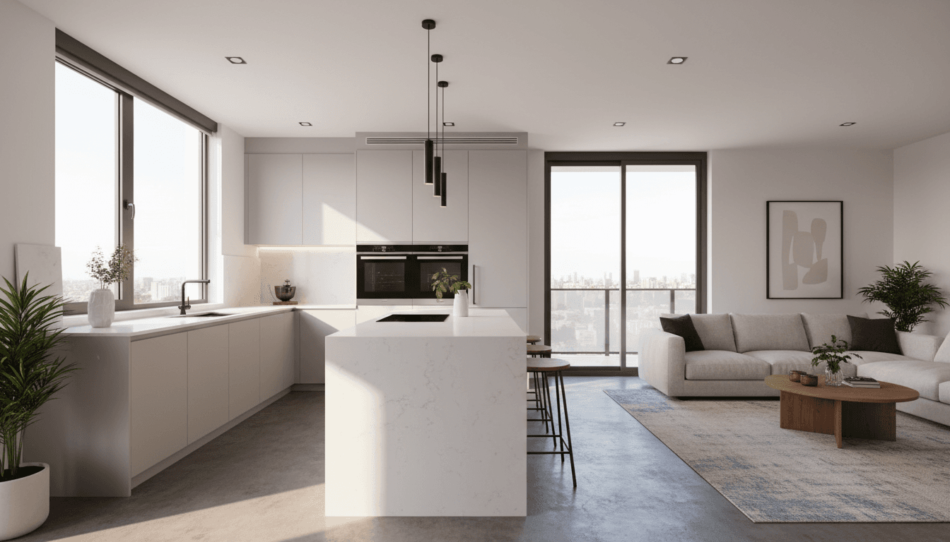 modern apartment interior with stainless steel appliances and wooden floors