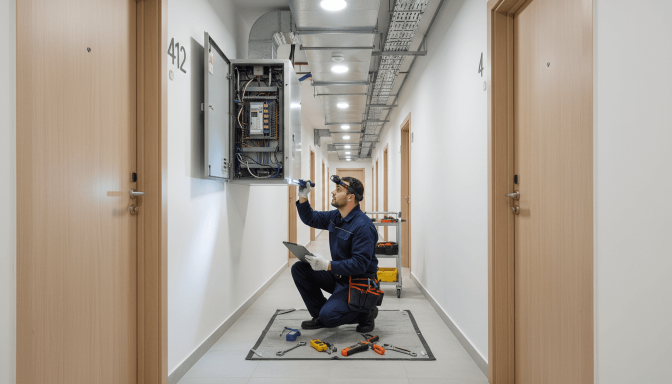 maintenance worker inspecting an HVAC unit in an apartment hallway