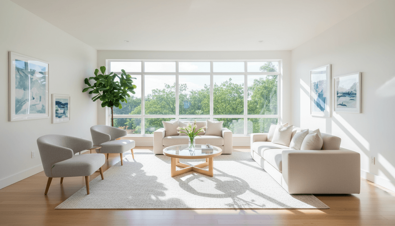 Bright living room with pristine surfaces after professional cleaning