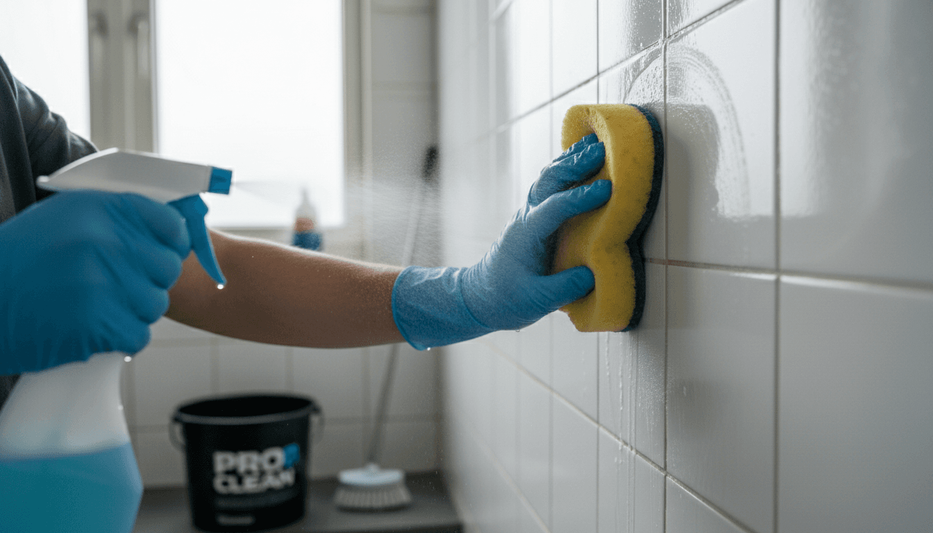 Cleaning professional wiping down bathroom tile during make-ready service