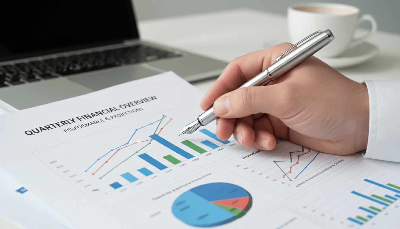 close up of hand holding a pen over a financial report with charts