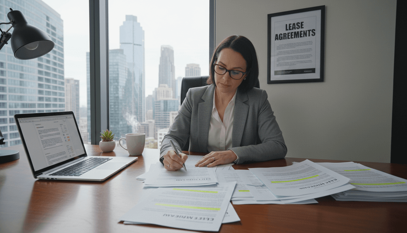 property manager reviewing lease documents on a laptop at a desk