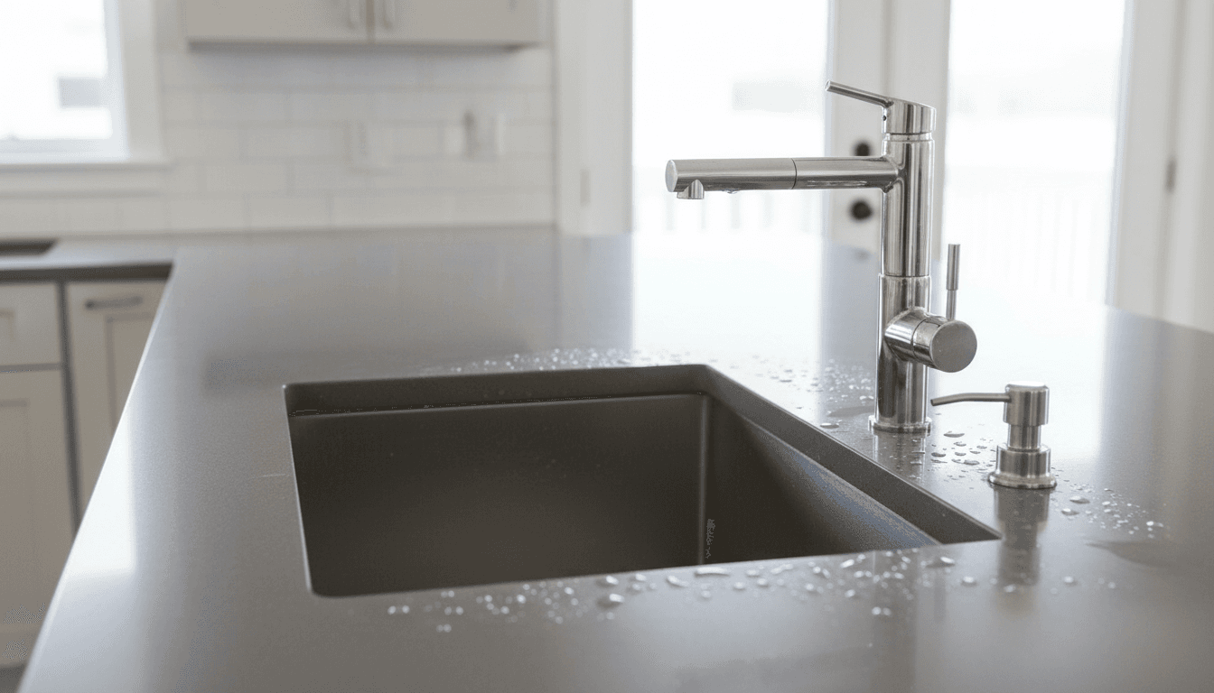 Close-up of a spotless kitchen countertop and sink