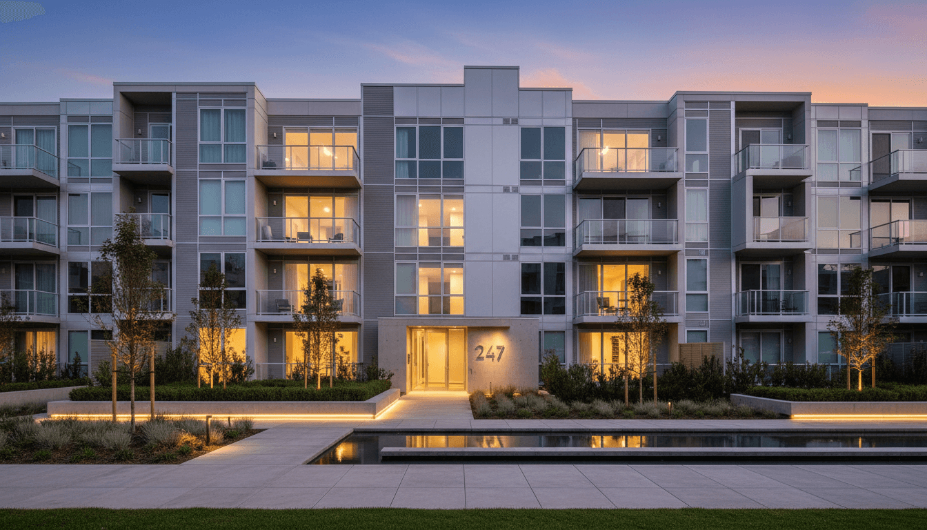 Apartment building exterior with manicured lawn at dusk