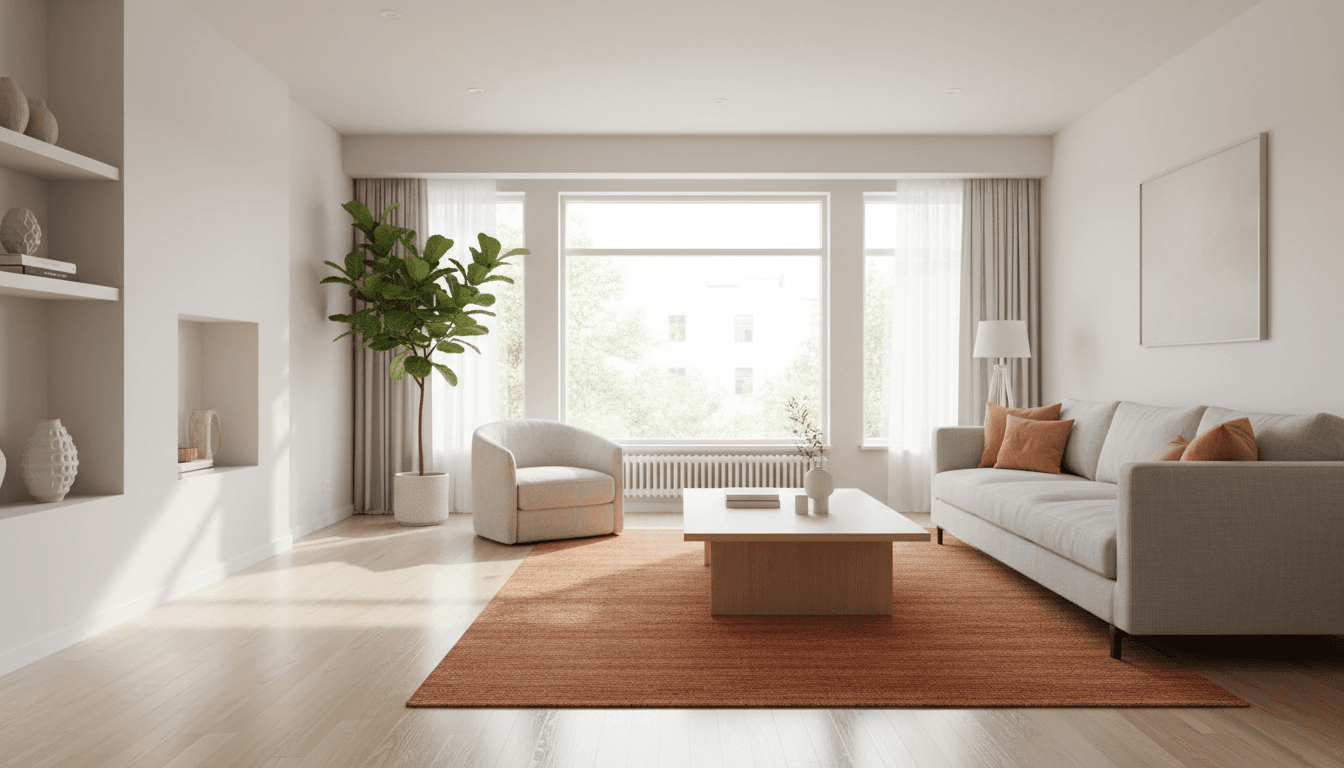 Bright, spotless living room after a professional deep cleaning, sunlight streaming through windows