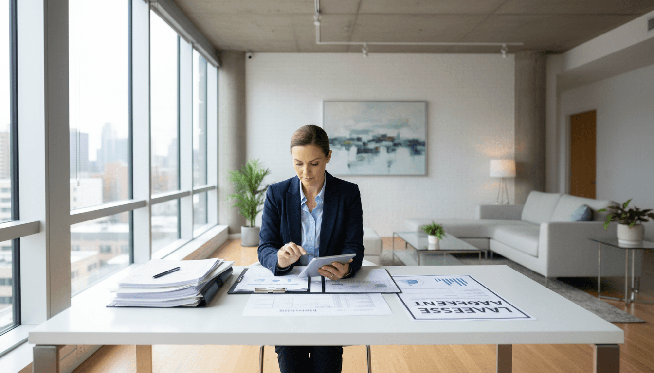 Professional property manager reviewing documents in a bright modern leasing office