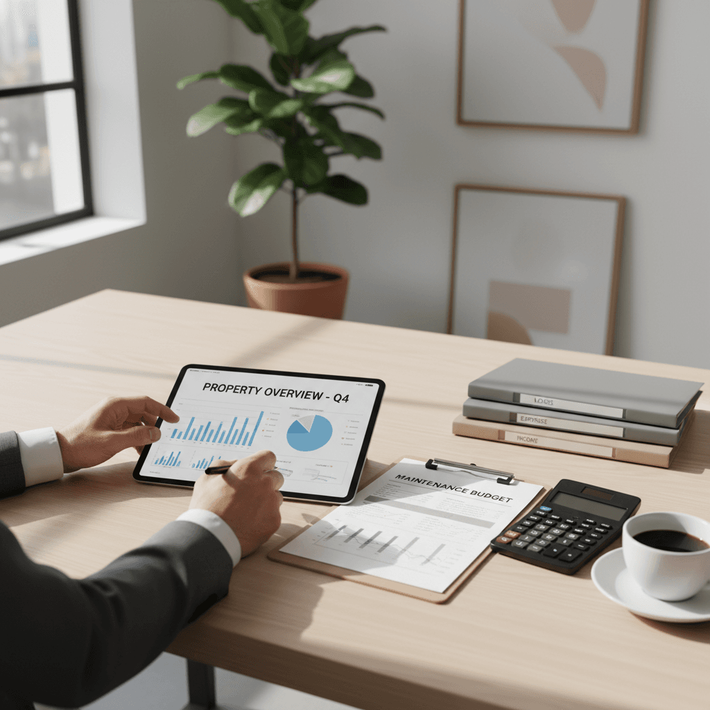 Property manager reviewing performance reports at a desk in a bright office