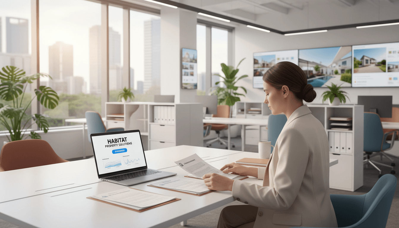 Property manager reviewing performance reports in a bright leasing office